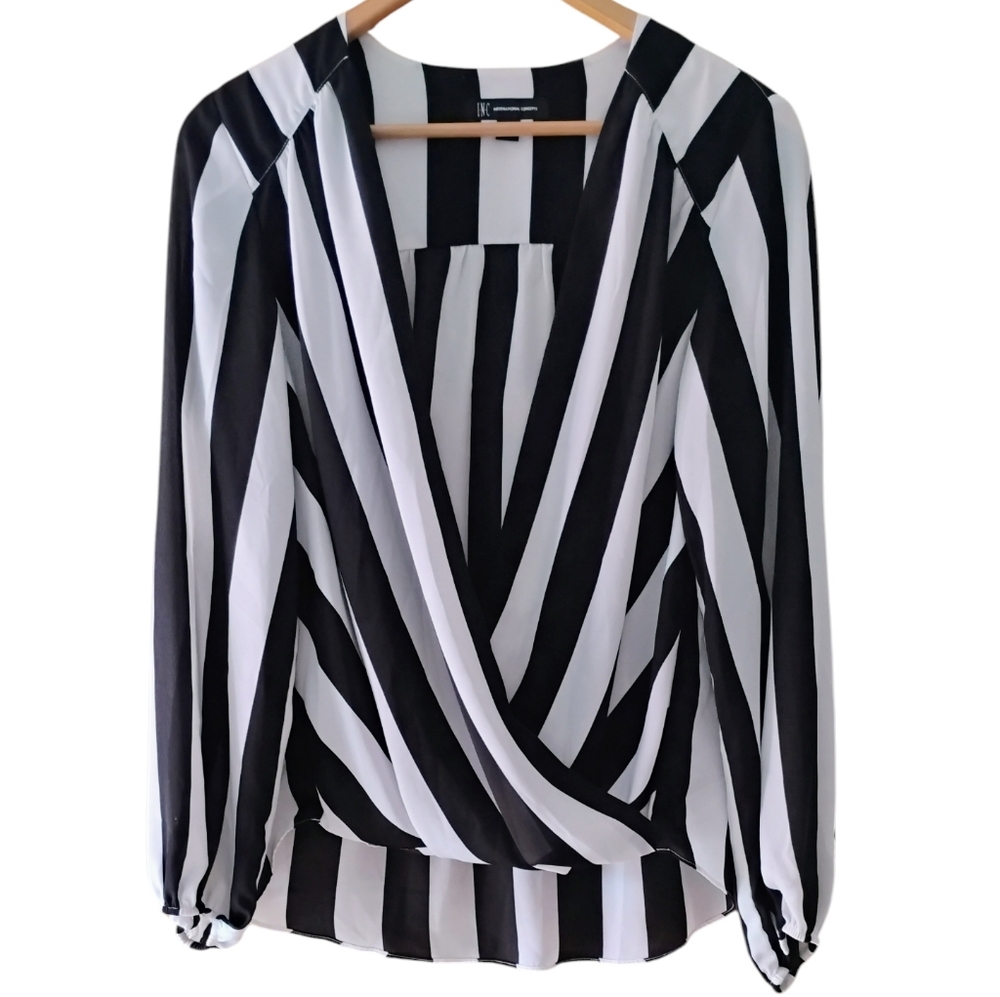 INC International Concepts Black and White Wrap Blouse Long Sleeve